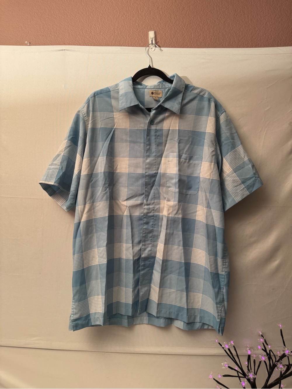 Haggar Light Blue and White Plaid Short-Sleeve Button-Down Shirt